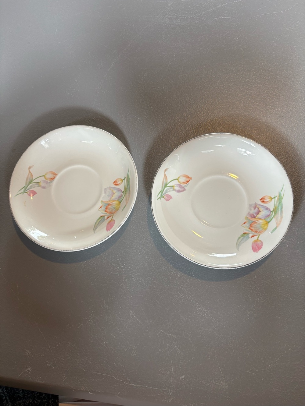 Vintage Hall China Tulip Floral Saucers Set of 2 Platinum Trim 6”